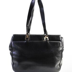 Salvatore Ferragamo Womens Double Handle Medium Tote Handbag Black Leather